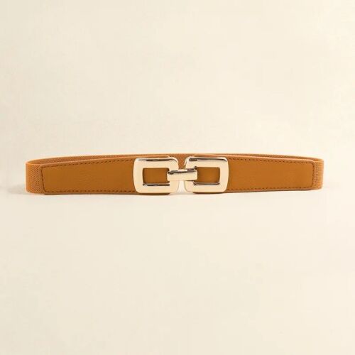 Camel  And Gold Square Buckle Adjustable Elastic Band Women’s Belt