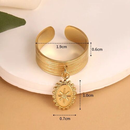 Gold Stainless Steel Charm Coin Adjustable Ring