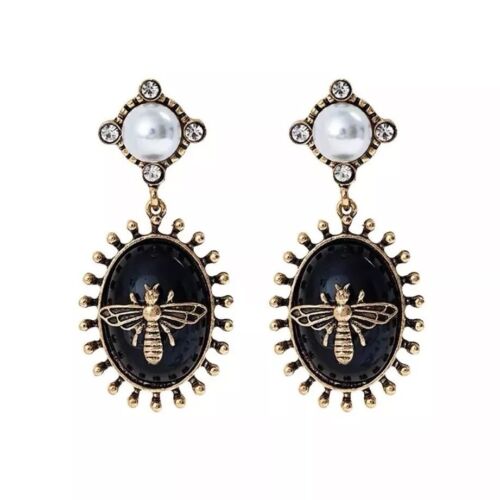 Black Enamel Bee And Pearl Drop Earrings