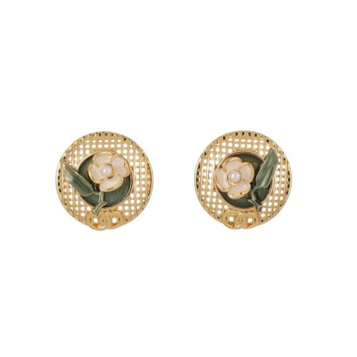 18k Gold Plated Copper Round Cutout Floral Precious Pearl Stud Earrings