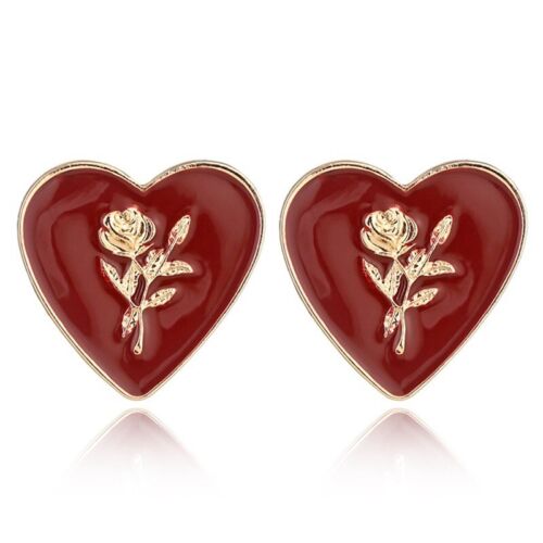 Gold And Red Enamel Rose Heart Stud Earring