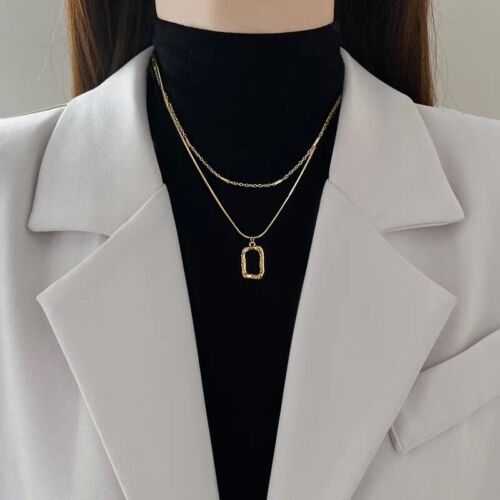 18k Gold Plated Titanium Steel Double Chain With Square Pendant Necklace