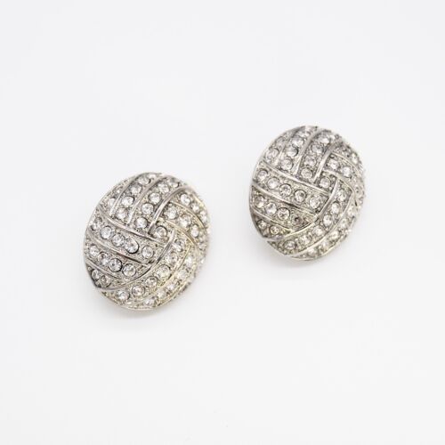 Silver Oval Clip on Statement Rhinestones Earring