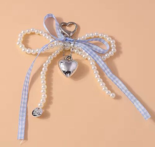 White And Plaid Blue Beaded Bow And Silver Heart Charm Keychain