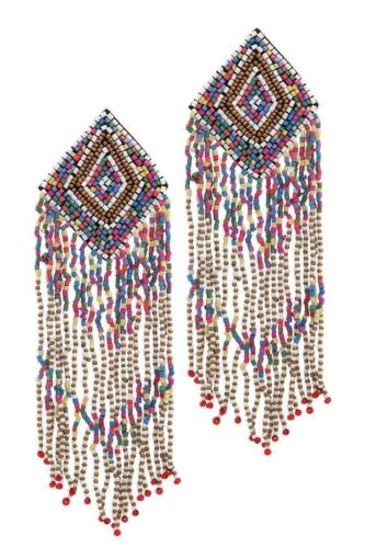 Multicoloured Statement Beaded Triangle Drop Tassel Earring