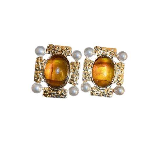 18k Gold Plated Tiger Eye And Pearls Vintage Style Square Stud Earring