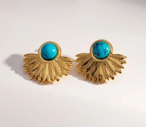 Gold Stainless Steel Lotus Flower With Turquoise Stone Stud Earring