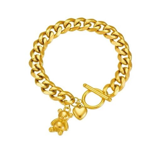 Gold Stainless Steel Links Chain With Bear And Heart Charms Bracelet