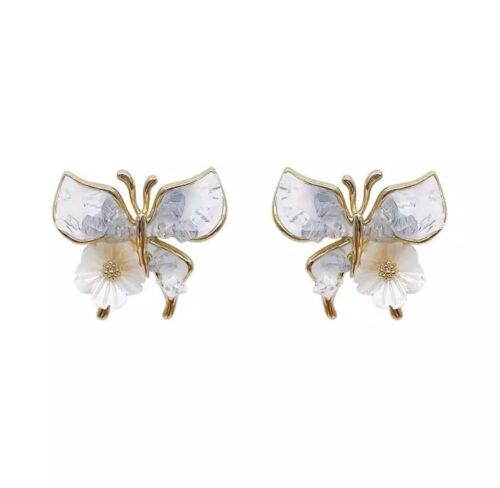 Gradient Blue Glass Stones Gold Floral Butterfly Stud Earring