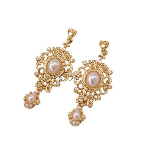 Gold And Pearls Retro Style Drop Earrings