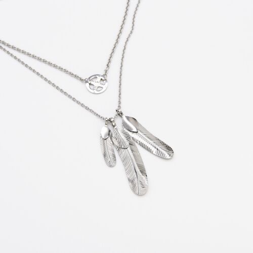 Stainless Steel Double Layer Silver Feathers pendant necklace/chain