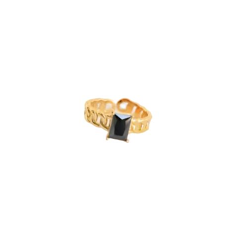 Black Stone And Gold Plated Stainless Steel Chain Style Adjustable Ring