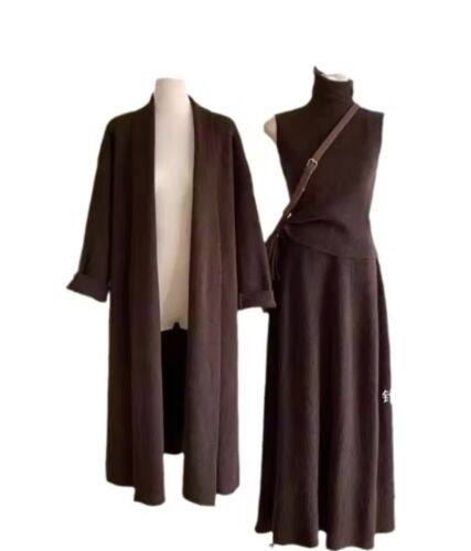 Brown Cashmere Cozy 3 Piece Skirt, Top And Cardigan Knit Set