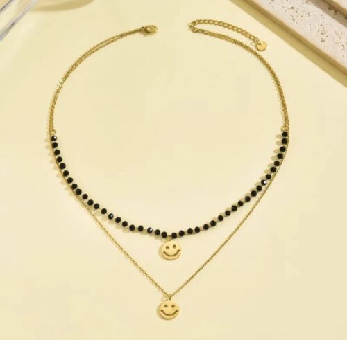 Gold Plated Stainless Steel Double Layer Smiley Face Pendant Necklace