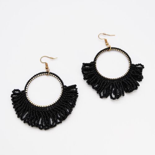 Black Beaded Round Drop Earring