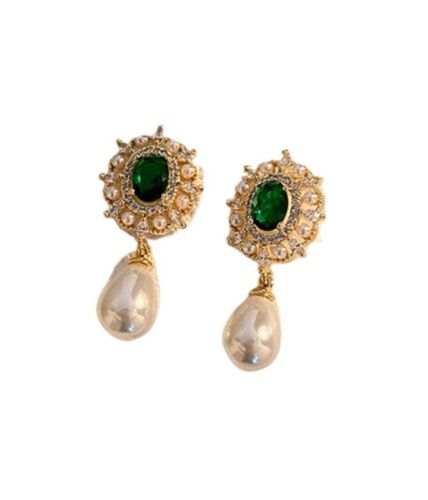 Gold Plated Copper Pearl And Green Zirconia Stone Drop Earrings