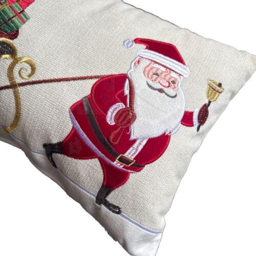 White Santa Christmas Cart Embroidered Pillow