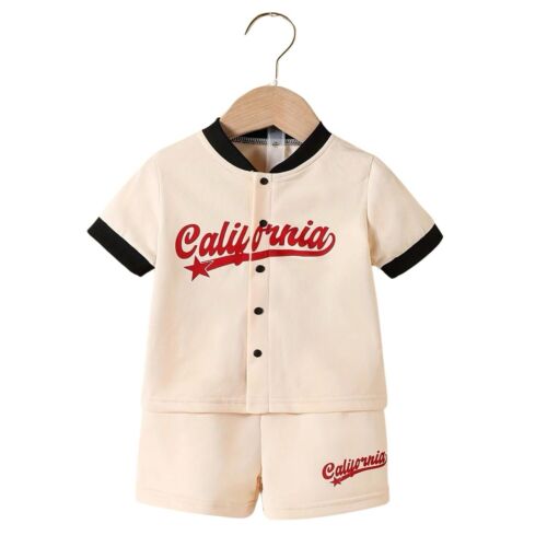 18-24 M Baby Boy California Baseball Style Beige Top And Matching Shorts Set