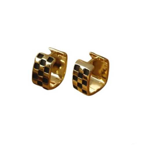 Gold Plated Black Checks Square Shape Hoop Earrings