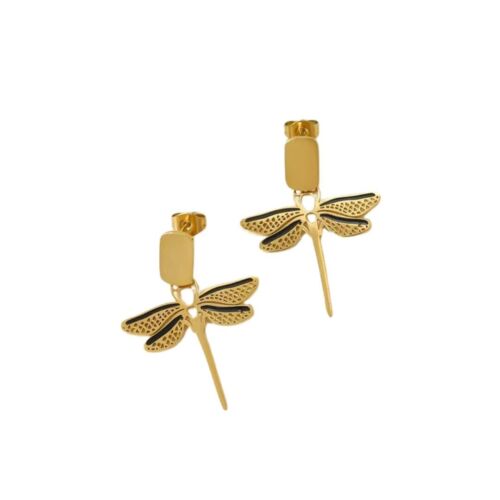 Gold Dragonfly And Black Enamel Gold Plated Stainless Steel Earrings