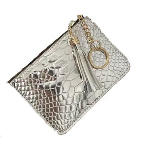 Metallic Silver Textured Zipper Coin Purse Wristlet /Wallet