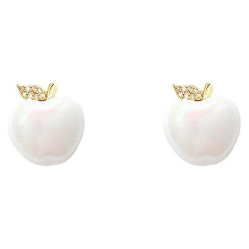 White Enamel And Gold Plated Apple With Rhinestones Inlay Stud Earring