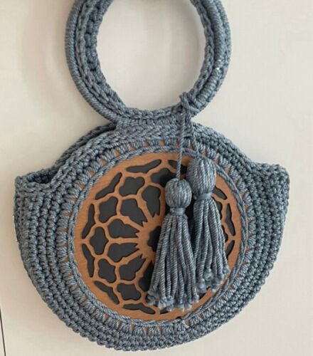 Teal Blue Egyptian Handmade Crochet Bag With Wood Appliqué And Crochet Tassels