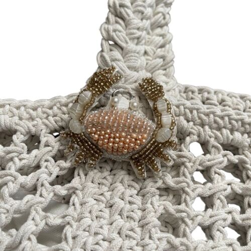 White Handmade Crochet With Beaded Crab Charm Beach Bag