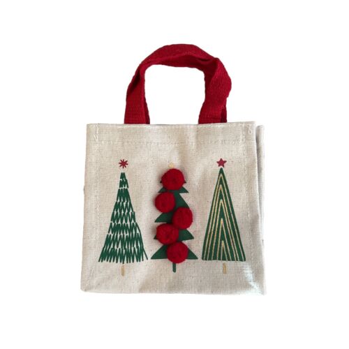 Beige Cotton Canvas Christmas Tree Mini Tote Bag