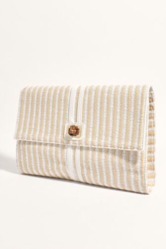 White And Beige Weaved Large Fold Over Clutch/purse