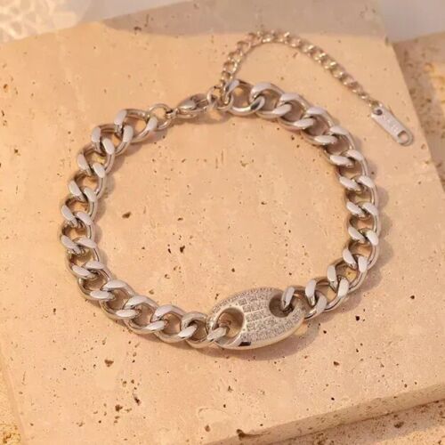 Silver Stainless Steel With Zircon Stones Chain Bracelet