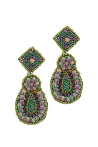 Green And Lavender Beaded Oval Drop Earrings