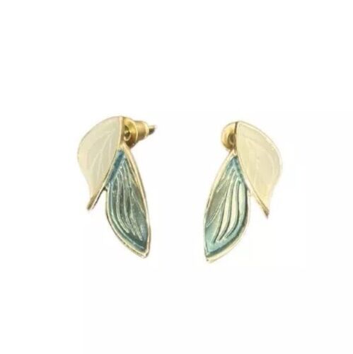 Gold White And Green Enamel And Leaves Stud Earrings