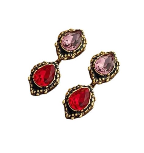 Copper Gold Plated Vintage Style Red And Pink Cubic Zirconia Drop Earrings