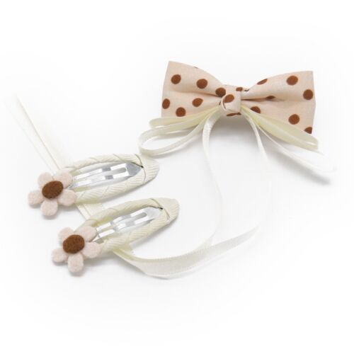 Beige Polka Dots Bow And Floral 3 Piece Hair clip /Hairpiece Set