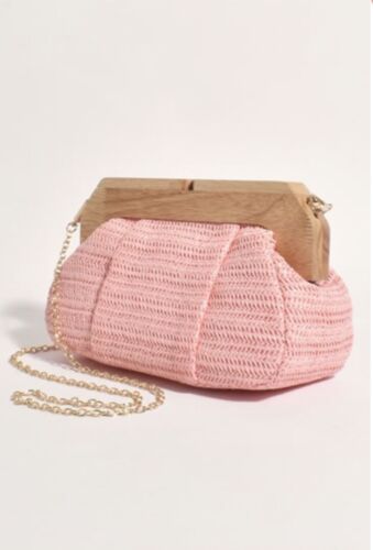 Pink Weaved And Timber Handle Frame Crossbody Clutch/purse