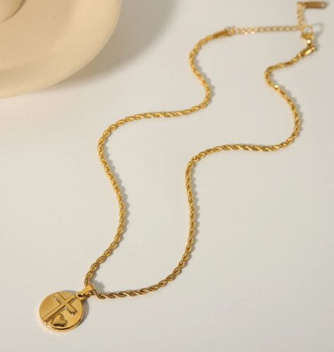 18k Gold Plated Stainless Steel Cross And Heart Pendant Braided Chain Necklace