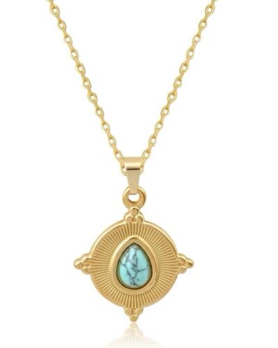 Gold Plated 304 Stainless Steel Turquoise Stone Pendant Necklace