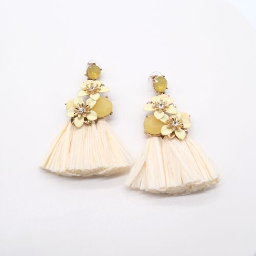 Ivory, Yellow And Gold Handmade Beaded Floral Staw Tassel earring