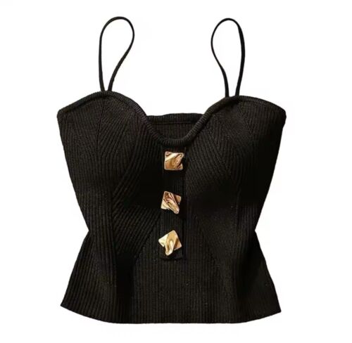 Black Sweetheart Fitted Cropped Knit Straps Top With Gold Buttons