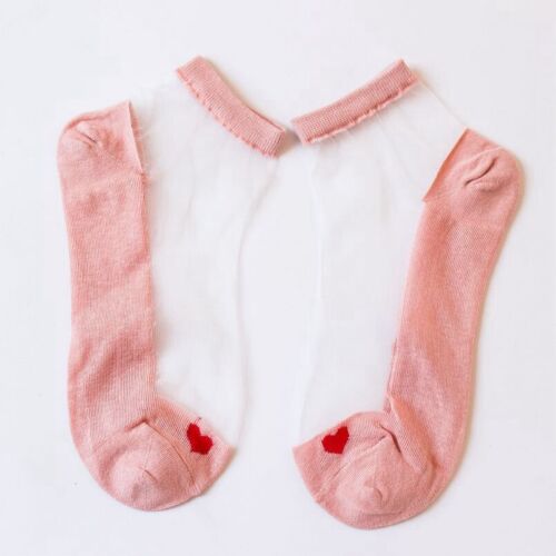 Pink Cotton And Sheer Heart Ankle Socks