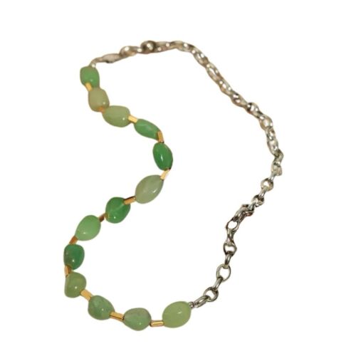 Green Jade Stones And Silver Plated Titanium Steel Chain Necklace