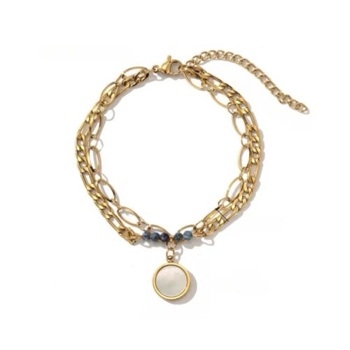 Gold Titanium Steel And Blue Natural Stones Round Charm Bracelet