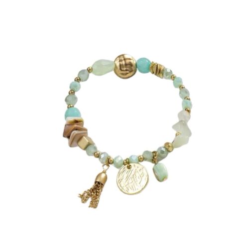 Gold, Blue And Beige Beaded charms Stretch Bracelet