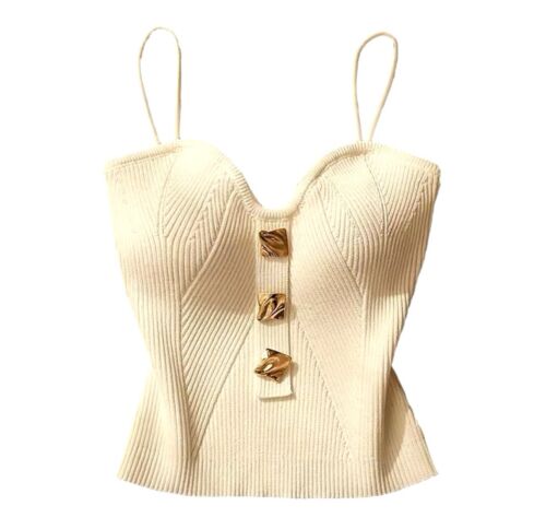 White Sweetheart Fitted Cropped Knit Straps Top With Gold Buttons