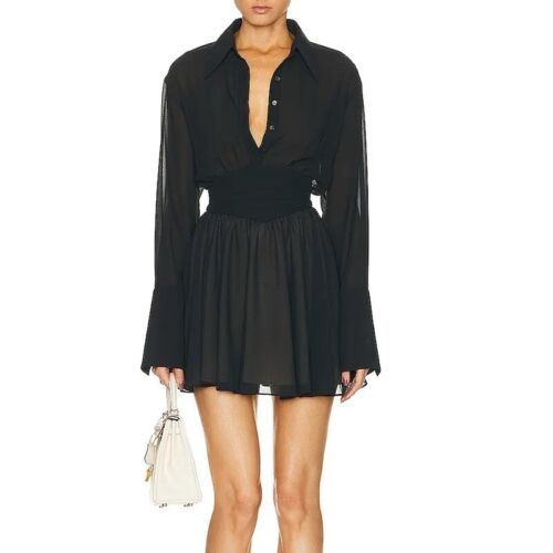 Black Chiffon V Neck With Button And Tight Waist Mini Dress Size S