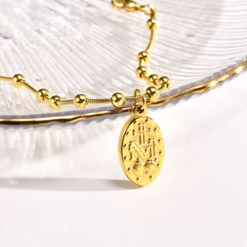 Gold Plated Virgin Mary Pendant Stainless Steel Rosary Style Chain Bracelet