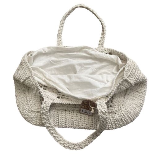 White Handmade Crochet With Beaded Crab Charm Beach Bag