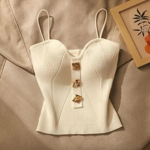 White Sweetheart Fitted Cropped Knit Straps Top With Gold Buttons