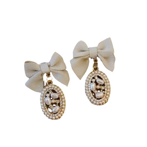 Beige Fabric Bow And Pearls Beaded Oval Drop Earrings